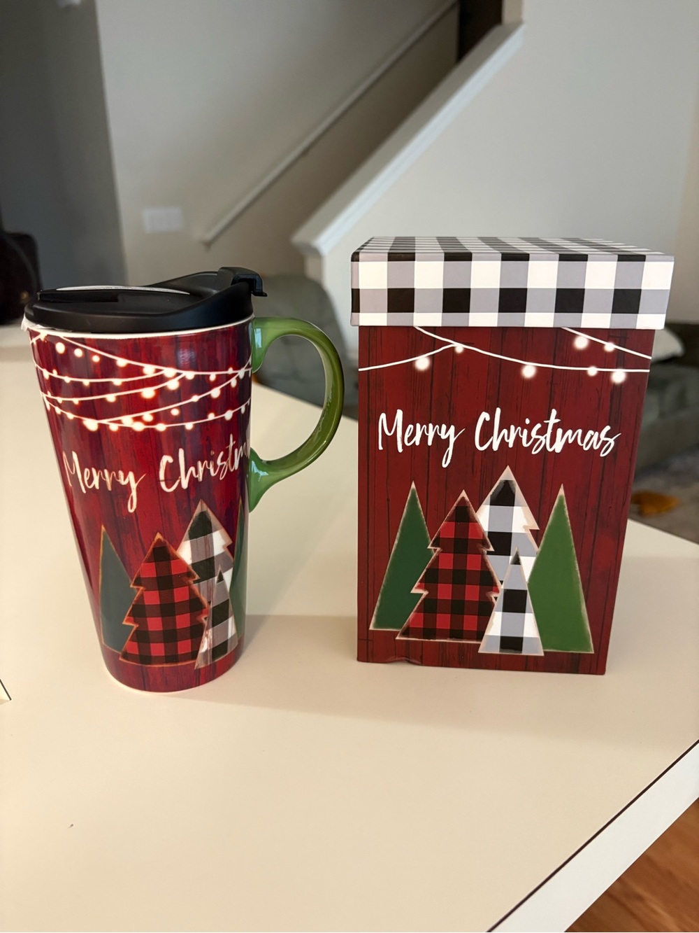 Merry Christmas Red Plaid Holiday Travel Mug with Green Handle with gift box